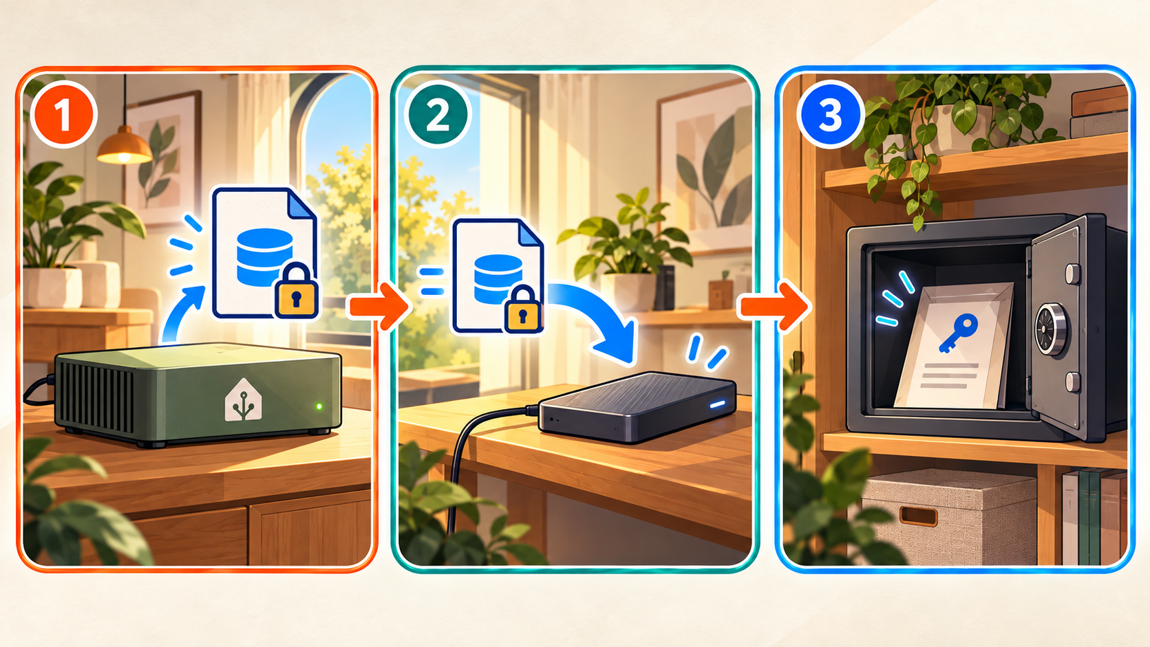 三階段備份計畫：Home Assistant Green 建立加密備份、複製到外部裝置，再把復原金鑰分開保存